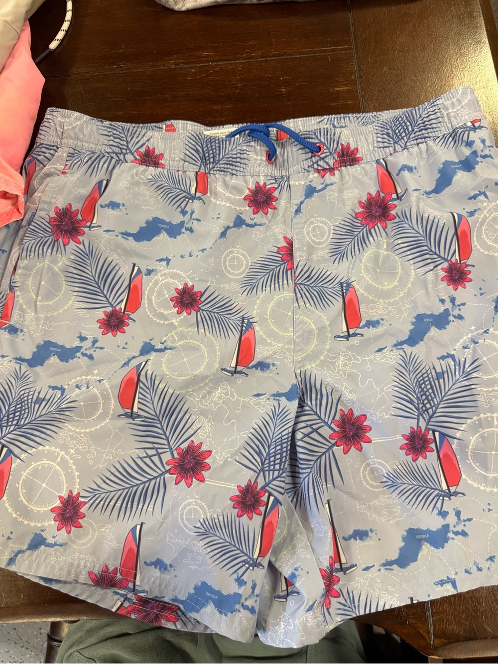 Vineyard Vines Light Blue Swim Trunks with Pink and Red Sailboat Print